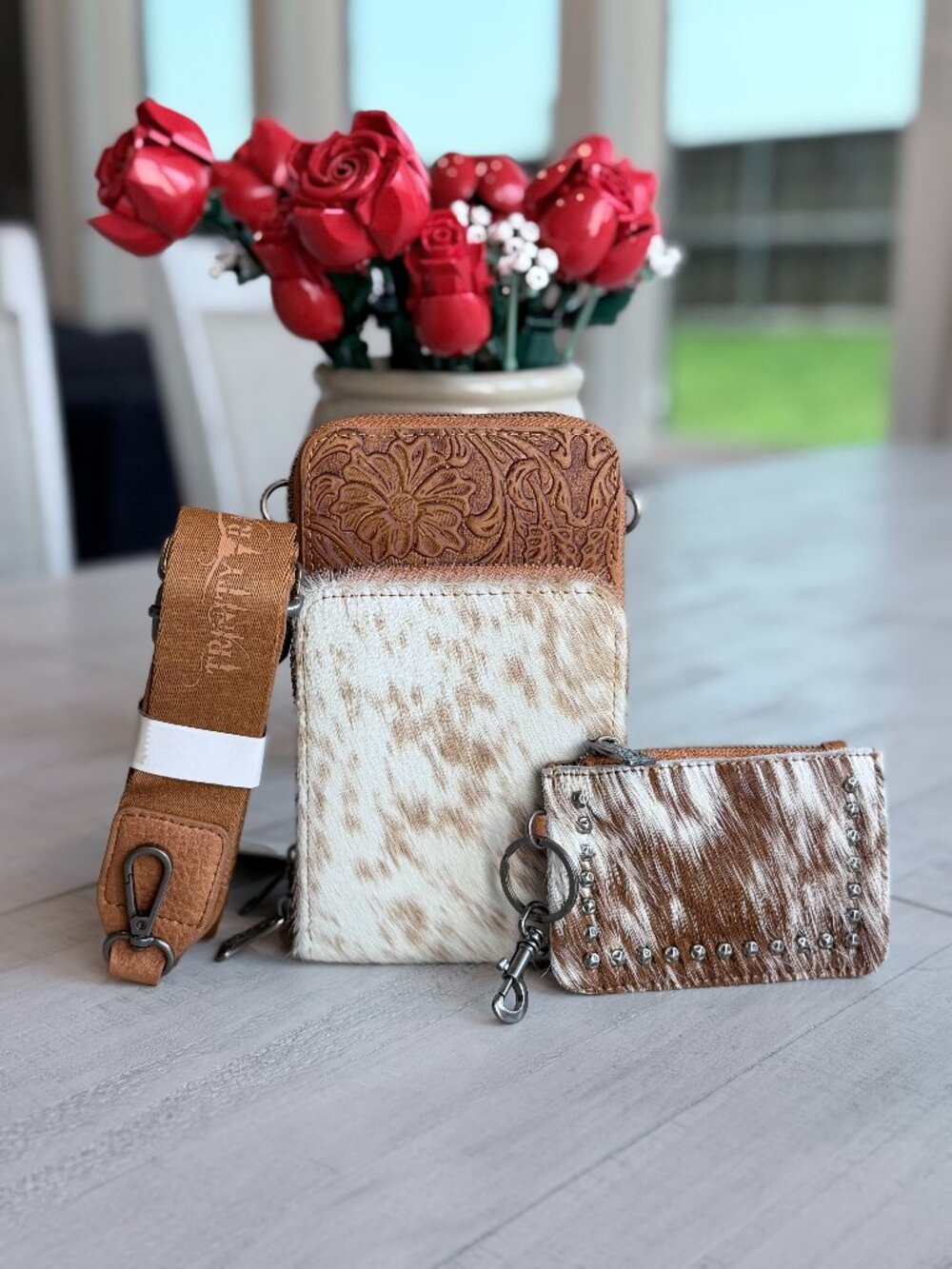 Trinity Ranch Genuine Hair-On Cowhide /Tooled Phone Purse w/ Coin Pouch Brown